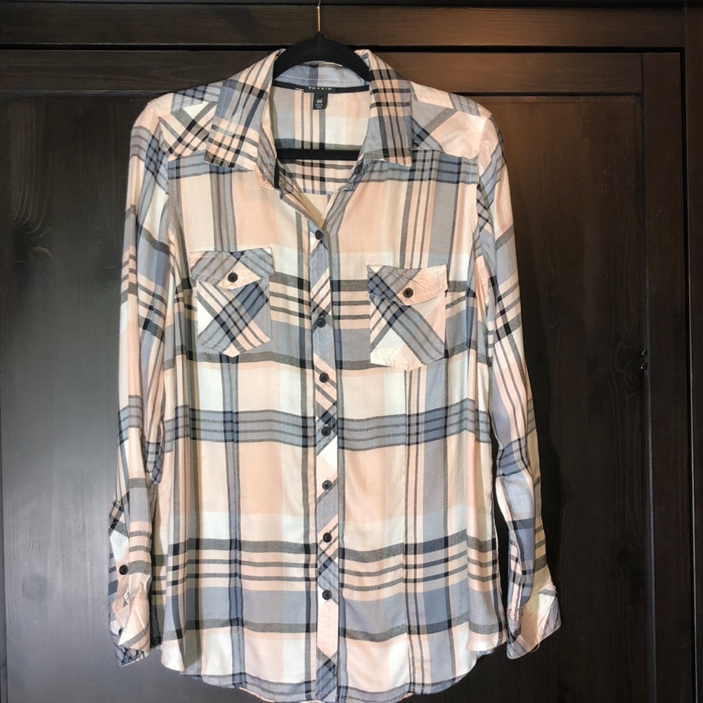 Soft Pastel Plaid Cabincore Button Up Long Sleeve Top R1